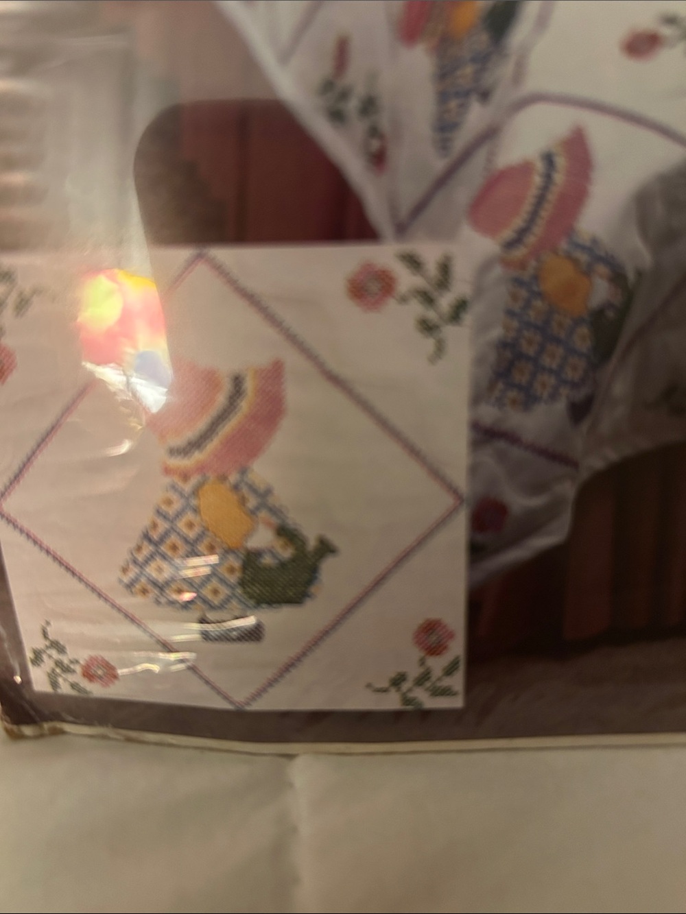 Stamped Cross Stitch Quilt Blocks - White with Multicolor Sunbonnet Sue Motifs - Picture 8 of 9